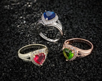Personalized Heart Birthstone Class Ring, Custom Engraved Name College High School Graduation Ring, Sterling Silver Jewelry, Gift for Her