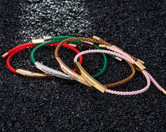 Personalized Engraved Curved Bar Bracelet, Custom Adjustable Braided Rope Friendship Bracelet Jewelry, Graduation Mother's Day gift for Her