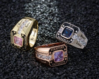 Anillo de graduación personalizado, anillo de graduación con piedra de nacimiento personalizada, joyería con nombre grabado, regalo de graduación para él, anillo escolar de plata esterlina.