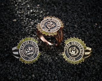 Anillo de sello personalizado con halo y piedra natal, anillo de graduación de secundaria grabado personalizado, regalo de graduación universitaria, anillo con escudo familiar, anillo llamativo