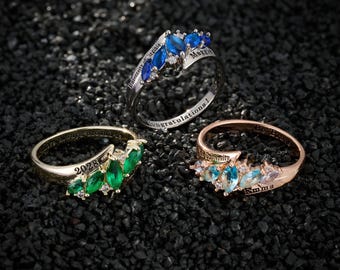 Anillo de graduación de secundaria personalizado con piedras natales talla marquesa, anillo de graduación universitaria con nombre grabado a medida, delicado regalo de joyería para ella.