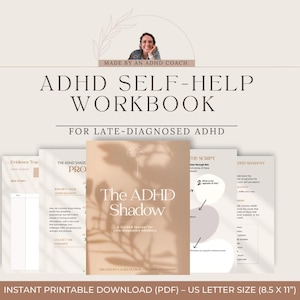 Peut inclure: Un classeur imprimable intitulé "The ADHD Shadow: A Guided Journal for Late-Diagnosed Adults" avec un fond brun clair et l'ombre d'une branche d'arbre. Le classeur est destiné à l'auto-assistance et est réalisé par un coach en TDAH. Le texte "FOR LATE-DIAGNOSED ADHD" est également inclus. Le classeur est disponible en téléchargement instantané imprimable au format lettre US (8,5 x 11 pouces).