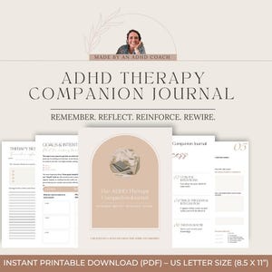 Puede incluir: Una descarga digital del Diario de acompañamiento de terapia TDAH, con el texto «Remember. Reflect. Reinforce. Rewire.». El diario incluye páginas para sesiones de terapia, metas e intenciones. El tamaño es de 21,6 x 27,9 cm.
