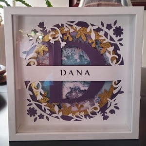 May include: A white shadow box frame with a layered paper design. The design features a large purple letter "D" with the name "DANA" in white. Gold glitter accents and floral cutouts surround the letter, set against a marbled background.