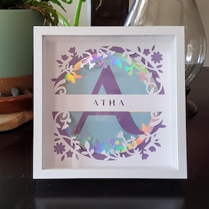 May include: A white framed shadow box with a purple letter "A" and the name "ATHA" in a light blue background. The letter is surrounded by a floral design with iridescent accents.