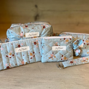 May include: A collection of quilted fabric pouches and accessories in various sizes. The items feature a light blue background with a floral pattern in shades of brown, pink, and white. Each piece has a white label with black text.
