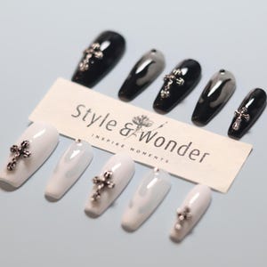 Black and White Cross Press on Nails | Acrylic Nails | Chrome Hearts | Gothic | Cool | Cute