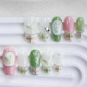 Spring Floral Press on Nails | Acrylic Nails | Coffin shape | Handmade Unique Classic | Butterfly | Tulip | Flower