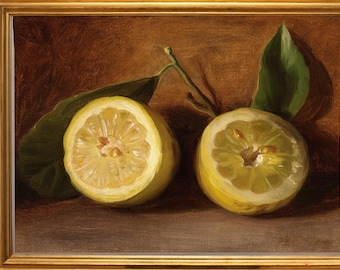 May include: A framed still life painting featuring two halves of a lemon, cut side up, with green leaves and a stem. The lemons are yellow with visible pulp. The background is a dark brown.