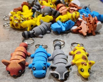 3D Printed LOT OF 4 Articulated Raccoon Giraffe Fox Hippo Fidget Toy Keychain