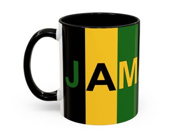 Original "JAMAICA" designed  Coffee Mug (11, 15oz), yellow and green design, flag colors design