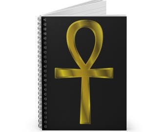 Spiral Notebook - Ruled Line | Golden ankh symbol - black background