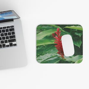 Peut inclure: Un tapis de souris rectangulaire orné d'une fleur de gingembre rouge vif entourée de feuilles vertes luxuriantes, placé à côté d'un ordinateur portable argenté au clavier noir avec une souris d'ordinateur blanche posée sur le tapis.