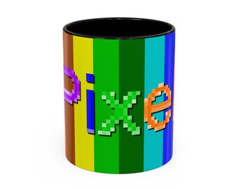 Coffee mug specially designed for pixel art lovers, Accent Coffee Mug (11, 15oz) , "PIXEL" design, rainboow coloured mug