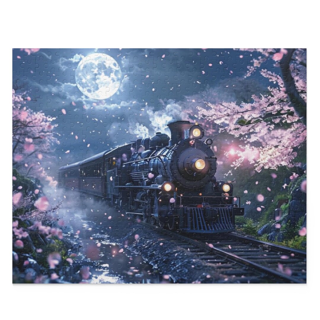Japanese Night Cherry Blossom Puzzle - 500 Pieces, Glowing Steam Train ...