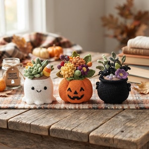 Könnte beinhalten: Drei gehäkelte Halloween-Dekorationen: ein weißer Geist mit Sukkulente und Zuckermais, ein orangefarbener Kürbis mit bunten Blumen und ein schwarzer Kessel mit einer Spinne, einer lila Blume und grünem Blattwerk.