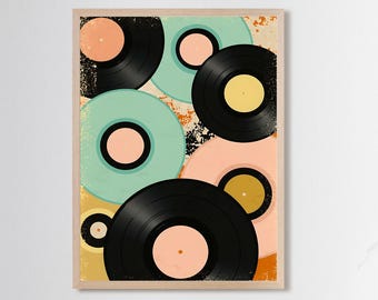 Könnte beinhalten: Ein gerahmter Druck mit einem Retro-Design von Schallplatten. Die Schallplatten sind in verschiedenen Farben gehalten, darunter Schwarz, Türkis und Pfirsich, mit kontrastierenden Mittellabels. Der Hintergrund hat eine Vintage- und Used-Textur.