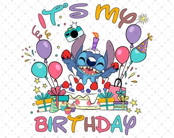 Stitch Birthday Clipart, Kids Birthday Celebration PNG SVG (Digital File)