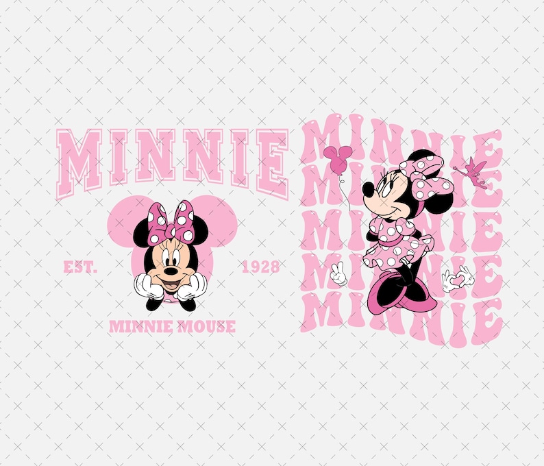 May include: Pink graphic featuring Minnie Mouse in two poses. One shows Minnie's face with a bow, the other shows her standing with a balloon. The word "MINNIE" is in pink block letters above the images, with "EST. 1928" below.