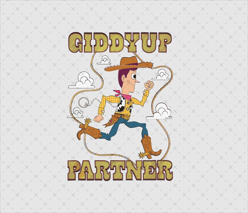 May include: A cartoon illustration of a cowboy running with a rope, wearing a brown hat, yellow shirt, blue pants, and brown boots. The text "GIDDYUP PARTNER" is above and below the cowboy.