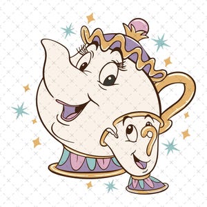 May include: A cartoon illustration of a teapot and teacup with smiling faces. The teapot is cream-colored with a gold handle and purple and blue accents. The teacup is also cream-colored with a gold handle and purple and blue accents. Stars surround the characters.