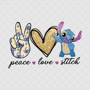 Peace Love Stitch Png, Uroczy projekt kreskówkowy, Kolorowy symbol pokoju, Clipart o tematyce miłosnej, Sublimacja inspirowana ściegiem, Pobieranie cyfrowe