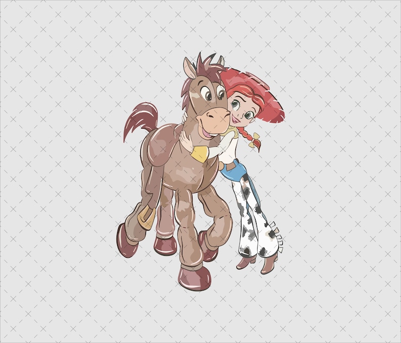 Puede incluir: Ilustraci&oacute;n de Jessie de Toy Story abrazando a Bullseye. Jessie tiene el pelo rojo y lleva una camisa blanca, vaqueros azules y chaparreras con estampado de vaca. Bullseye es un caballo marr&oacute;n con un collar amarillo.