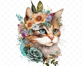 Floral Kitten Clipart – Cute Cat PNG – Whimsical Pet Illustration for Nursery Wall Art, Baby Shower Decor, Kids Room Prints, Digital
