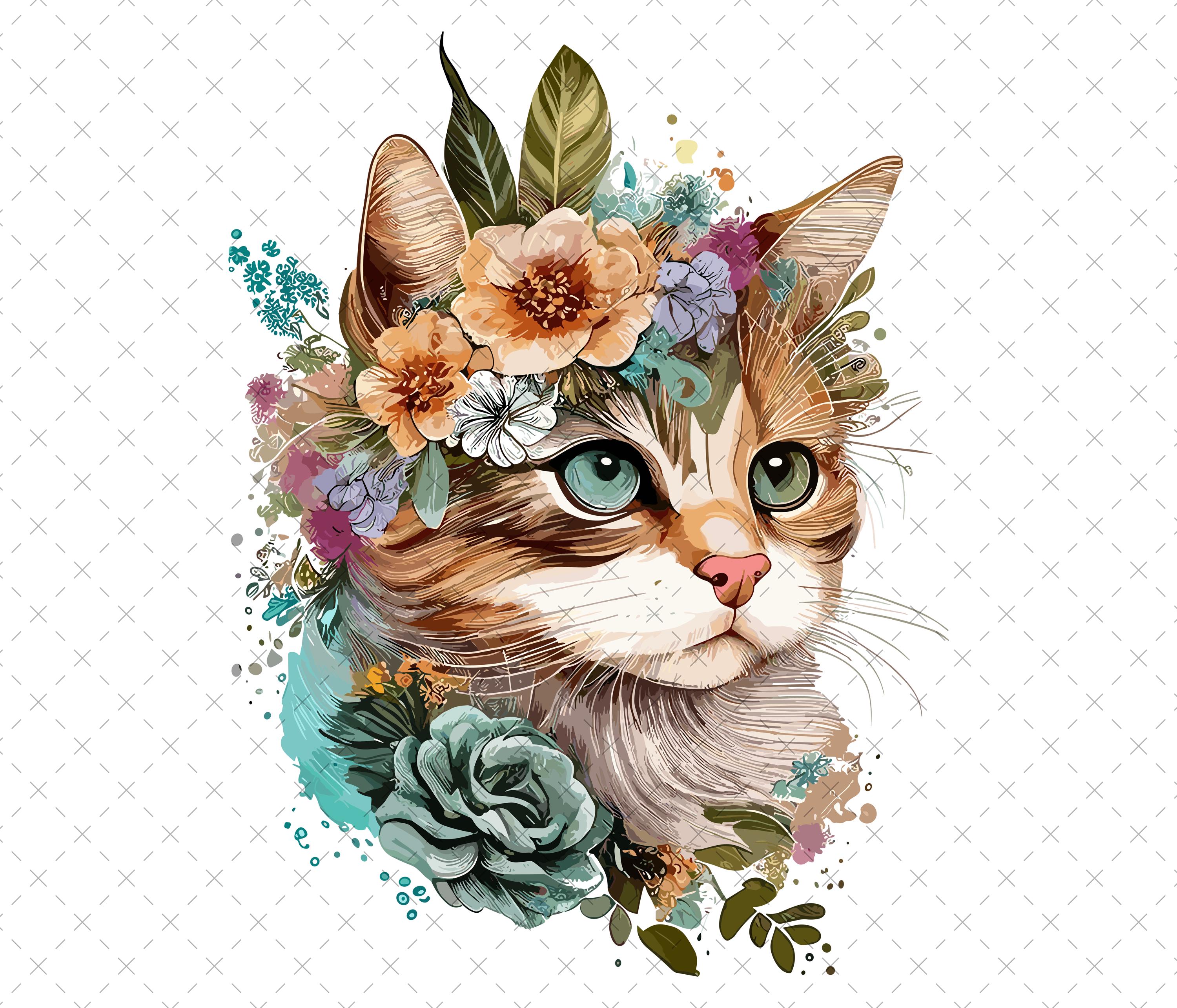 Floral Kitten Clipart – Cute Cat PNG – Whimsical Pet Illustration for ...
