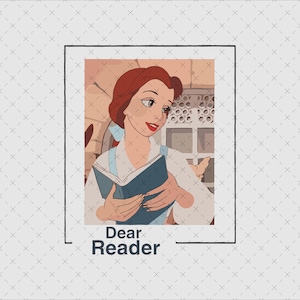May include: A red-haired woman with a blue dress is reading a book. The book is open and the pages are visible. The woman is looking at the book with a thoughtful expression. The text "Dear Reader" is below the image.