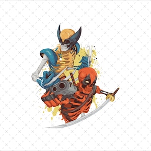 May include: Illustration of two superhero skeletons, one in yellow and blue, the other in red and black. The yellow and blue skeleton has claws and the other holds a sword and a gun. The background is white with yellow paint splatters.