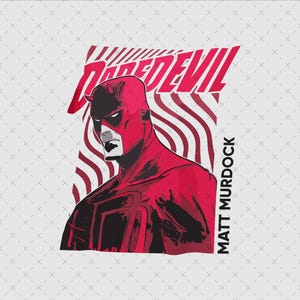 May include: A red and black graphic of Daredevil, with the text "DAREDEVIL" in red block letters above the character's head. The character is wearing a red mask and suit. The text "MATT MURDOCK" is printed vertically on the right side.