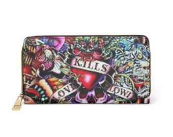 Carteira com zíper para arte de tatuagem colorida, bolsa estilo vintage, presente exclusivo para artistas, acessório para festivais, uso diário