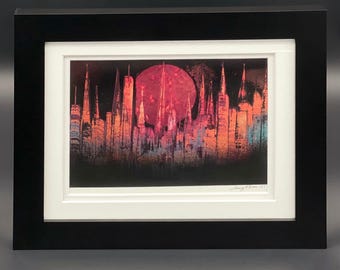 Moonlit Cityscape Art, Multi-Layered Spray Paint Framed