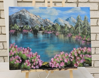 Mountain Lake Acrylic Painting: Original Flower Landscape Art, 30x40cm