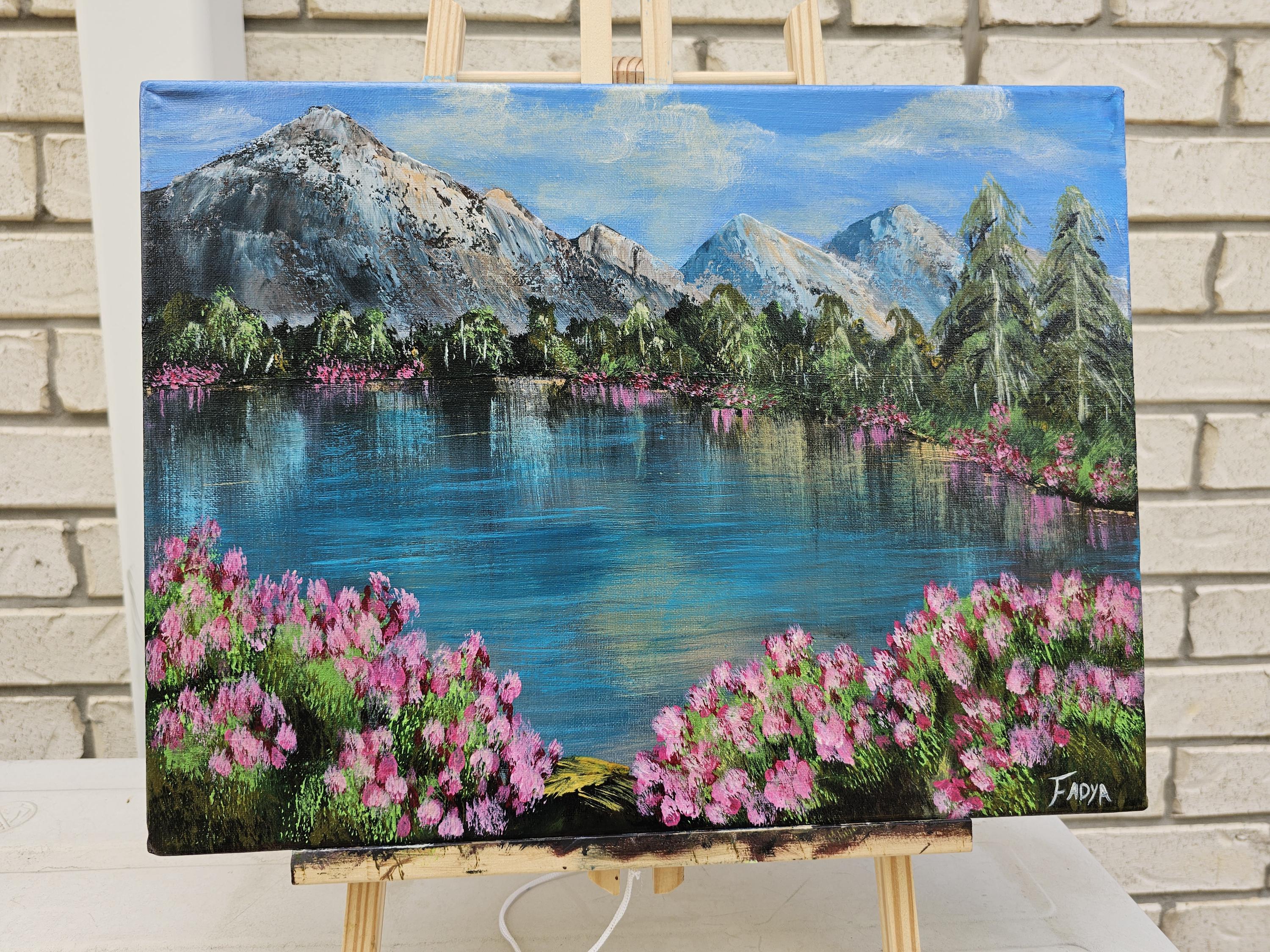 山の湖のアクリル画：オリジナルの花の風景画、30 x 40 cm - Etsy 日本