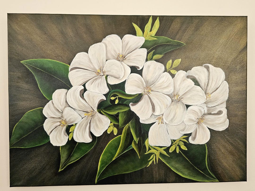 White Jasmine Flower Painting on Canvas, Hand-painted Acrylic Botanical ...