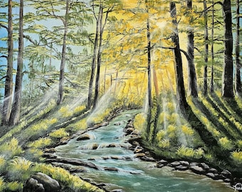 Pintura al óleo original de bosque con luz solar, arte mural de arroyo, lienzo de paisaje natural de 45 x 60 cm, gran obra de arte forestal hecha a mano.
