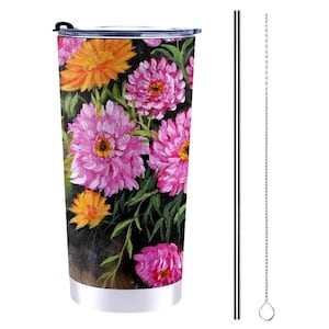 Blumenkaffeetasse Becher, Edelstahl-Reisebecher mit Deckel, Isolierte Tasse mit Blumenmuster, umweltfreundliche wiederverwendbare Kaffeetasse