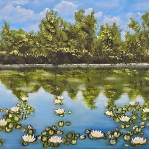 Water Lily Pond Painting – Nature Landscape Wall Art – Forest Lake Reflections – Original Oil Painting