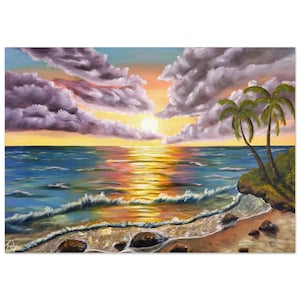 Stampa artistica da parete "Tramonto", poster del tramonto sull'oceano su carta opaca di qualità museale, decorazione da parete con paesaggio costiero per camera da letto o soggiorno