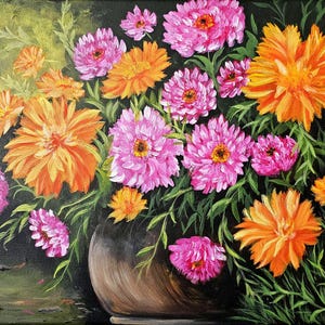 May include: A painting of a bouquet of pink and orange flowers in a brown vase. The flowers are arranged in a loose, natural style, and the vase is simple and elegant.