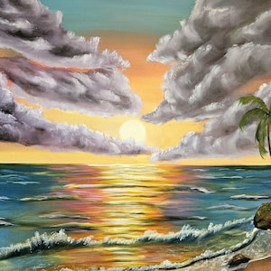 Ocean Sunset Oil Painting: Colorful Beach House Wall Decor