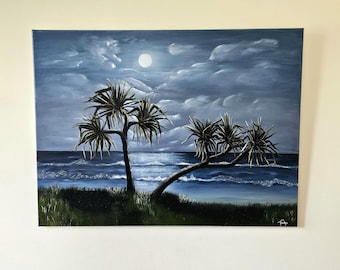 夜の海の油絵：アレクサンダー・シェンデロフによるキャンバスに描かれ