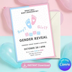 Geschlecht offenbaren Einladung Baby er oder sie Babyparty Füße blau rosa Junge Mädchen Team | Digitaler Download bearbeitbare anpassbare Leinwand