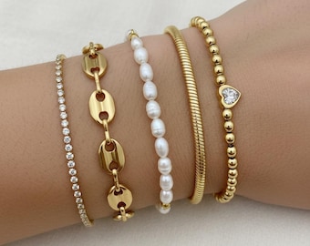Waterproof Tarnish-Free Stainless Steel Bracelets | pearl, marina link, tennis, snake chain, beaded heart