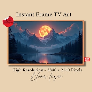 May include: Digital download of a landscape painting for a TV screen. The artwork features a mountain range, a lake, and a large orange moon. The text "Instant Frame TV Art" and "High Resolution - 3840 x 2160 Pixels" are visible.