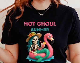 Camiseta de verão Hot Ghoul: Camiseta de férias na praia com esqueleto de sereia