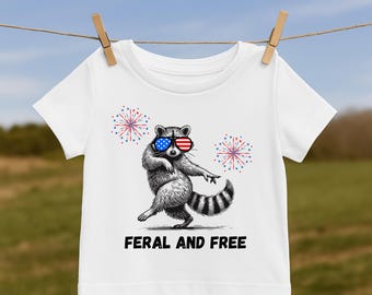 Kids 4th of July Raccoon Shirt: Feral & Free Patriotic Tee
