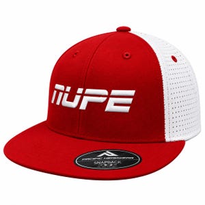 May include: A red and white snapback cap featuring the text "NUPE" in bold white letters on the front. The cap has a solid red front panel and a white perforated mesh back panel. A black sticker with white text is attached to the flat red brim.